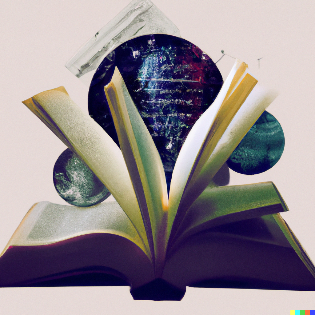 An image of an open book and some planet like objects orbiting around it. 