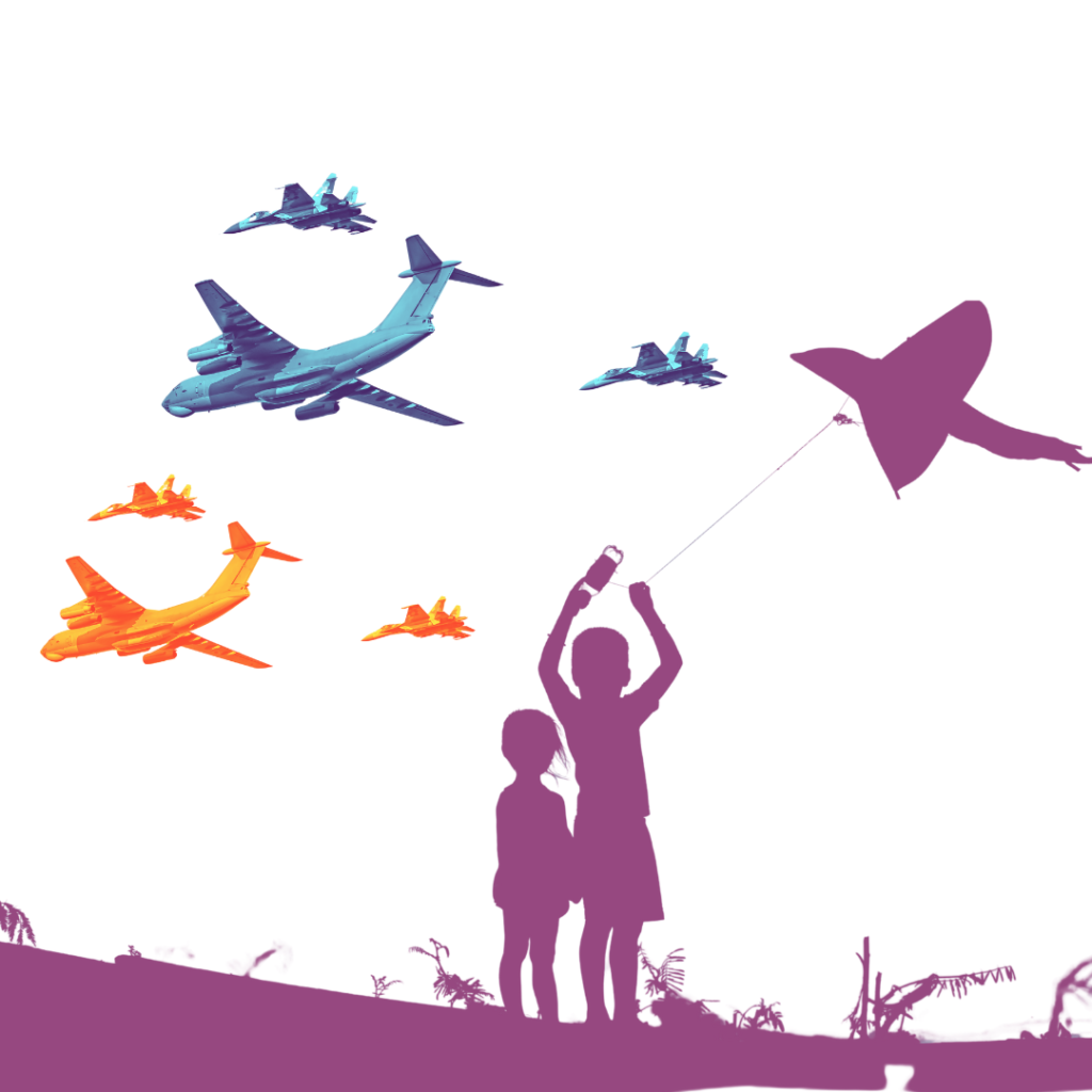 Two children appear to fly a kit as a cluster of war planes fly above and to the left.